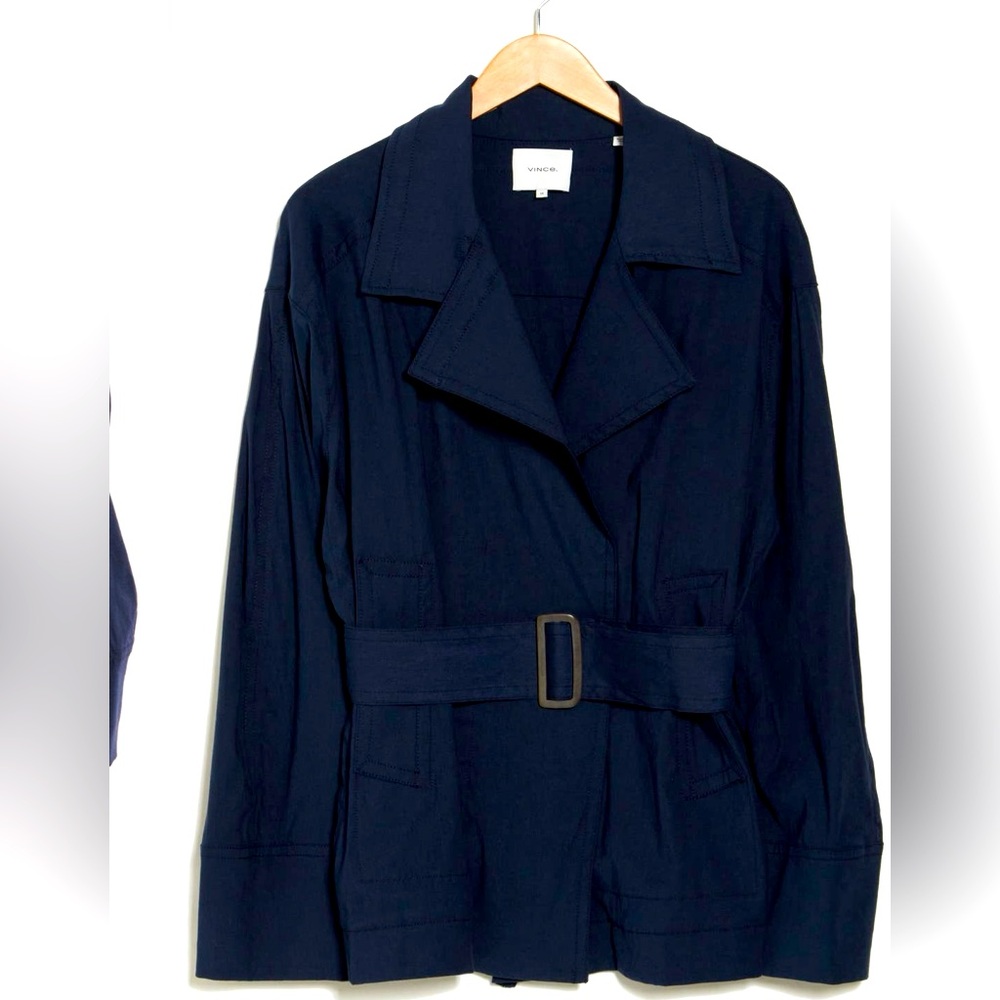 Vince Blue Trench Coat with Belted Wrap Design